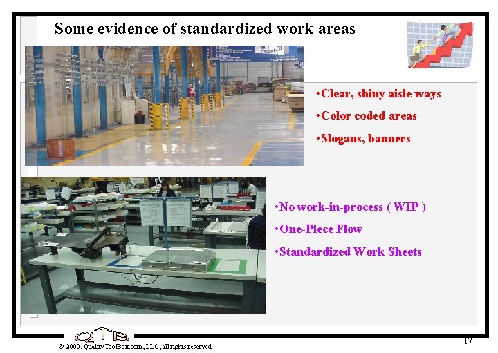 Some evidence of standardized work areas • Clear, shiny aisle ways • Color coded Some evidence of standardized work areas • Clear, shiny aisle ways • Color coded