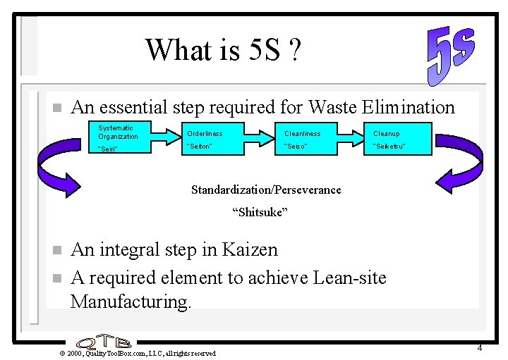 What is 5 S ? n An essential step required for Waste Elimination Systematic What is 5 S ? n An essential step required for Waste Elimination Systematic