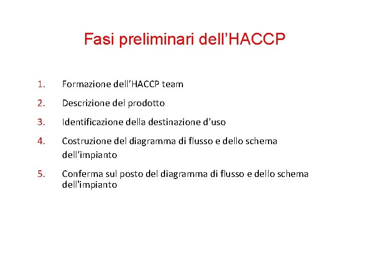 Fasi preliminari dell’HACCP 1. Formazione dell’HACCP team 2. Descrizione del prodotto 3. Identificazione della