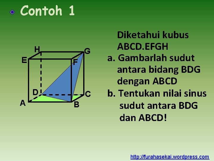 Contoh 1 H E G F D A C B Diketahui kubus ABCD. EFGH Contoh 1 H E G F D A C B Diketahui kubus ABCD. EFGH