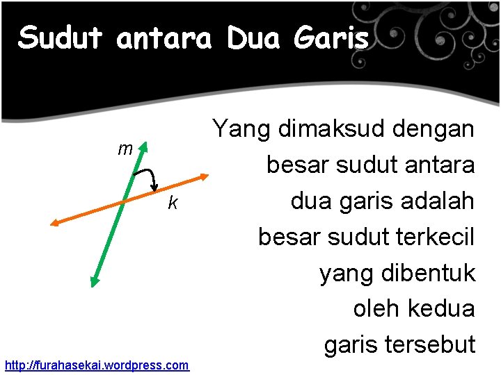 Sudut antara Dua Garis m k http: //furahasekai. wordpress. com Yang dimaksud dengan besar Sudut antara Dua Garis m k http: //furahasekai. wordpress. com Yang dimaksud dengan besar