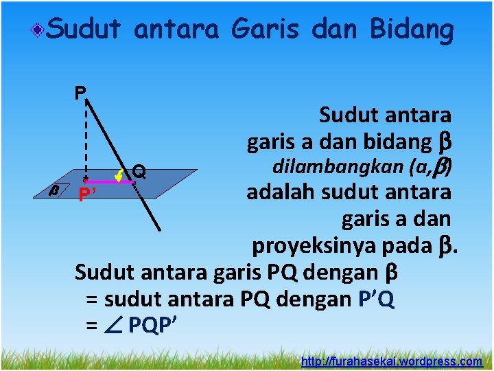 Sudut antara Garis dan Bidang P β Sudut antara garis a dan bidang Q Sudut antara Garis dan Bidang P β Sudut antara garis a dan bidang Q