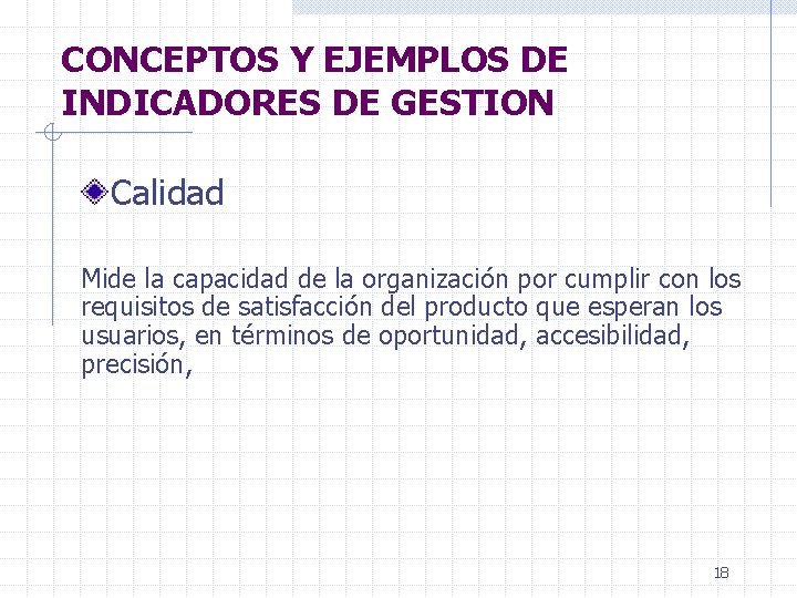 CONCEPTOS Y EJEMPLOS DE INDICADORES DE GESTION Calidad Mide la capacidad de la organización