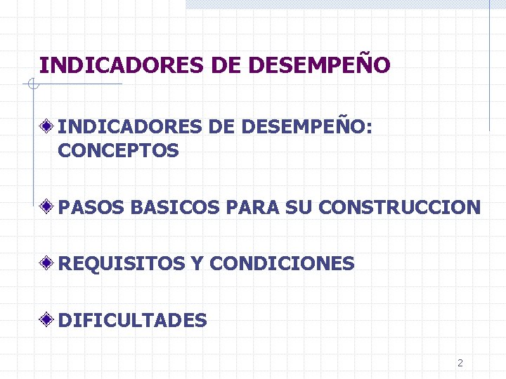 INDICADORES DE DESEMPEÑO: CONCEPTOS PASOS BASICOS PARA SU CONSTRUCCION REQUISITOS Y CONDICIONES DIFICULTADES 2