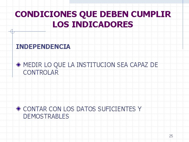 CONDICIONES QUE DEBEN CUMPLIR LOS INDICADORES INDEPENDENCIA MEDIR LO QUE LA INSTITUCION SEA CAPAZ