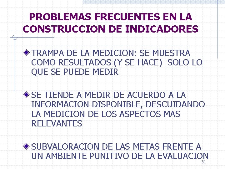 PROBLEMAS FRECUENTES EN LA CONSTRUCCION DE INDICADORES TRAMPA DE LA MEDICION: SE MUESTRA COMO