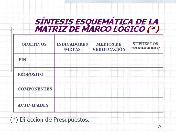 SÍNTESIS ESQUEMÁTICA DE LA MATRIZ DE MARCO LÓGICO (*) OBJETIVOS INDICADORES /METAS MEDIOS DE