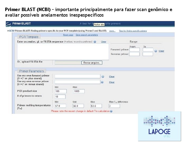 Primer BLAST (NCBI) – importante principalmente para fazer scan genômico e avaliar possíveis anelamentos Primer BLAST (NCBI) – importante principalmente para fazer scan genômico e avaliar possíveis anelamentos