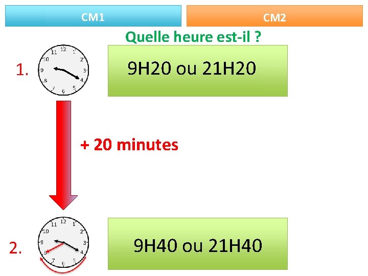 CM 1 CM 2 Quelle heure est-il ? 1. 9 H 20 ou 21