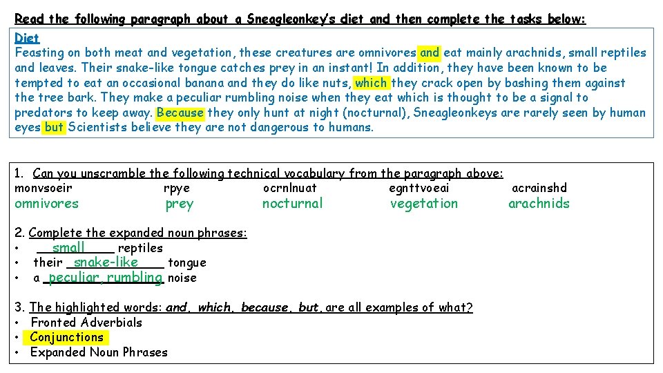 Read the following paragraph about a Sneagleonkey’s diet and then complete the tasks below: