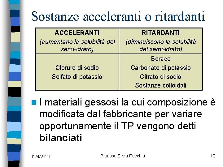 Sostanze acceleranti o ritardanti ACCELERANTI (aumentano la solubilità del semi-idrato) RITARDANTI (diminuiscono la solubilità