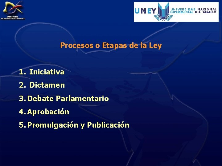 Procesos o Etapas de la Ley 1. Iniciativa 2. Dictamen 3. Debate Parlamentario 4.