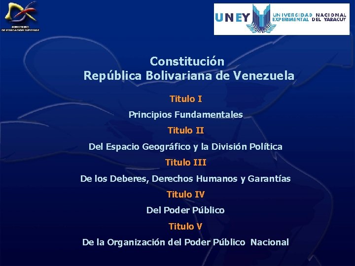 Constitución República Bolivariana de Venezuela Titulo I Principios Fundamentales Titulo II Del Espacio Geográfico