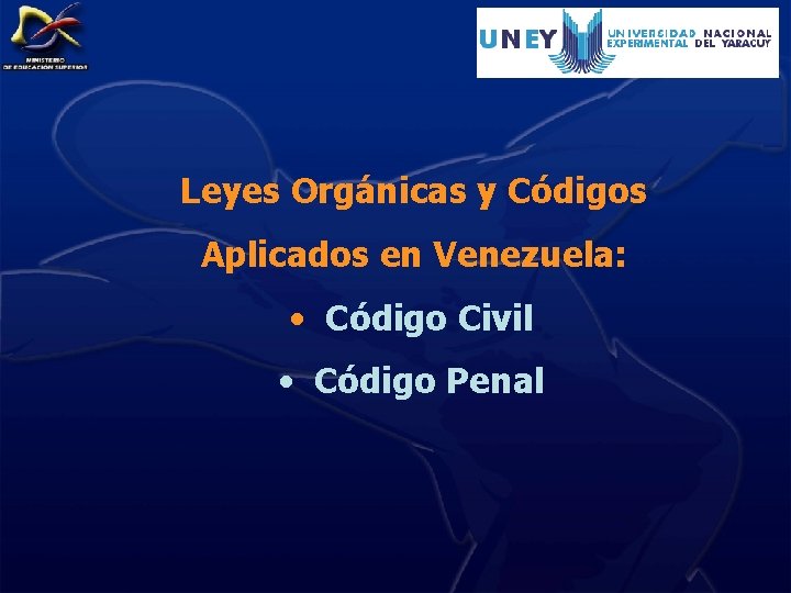 Leyes Orgánicas y Códigos Aplicados en Venezuela: • Código Civil • Código Penal 