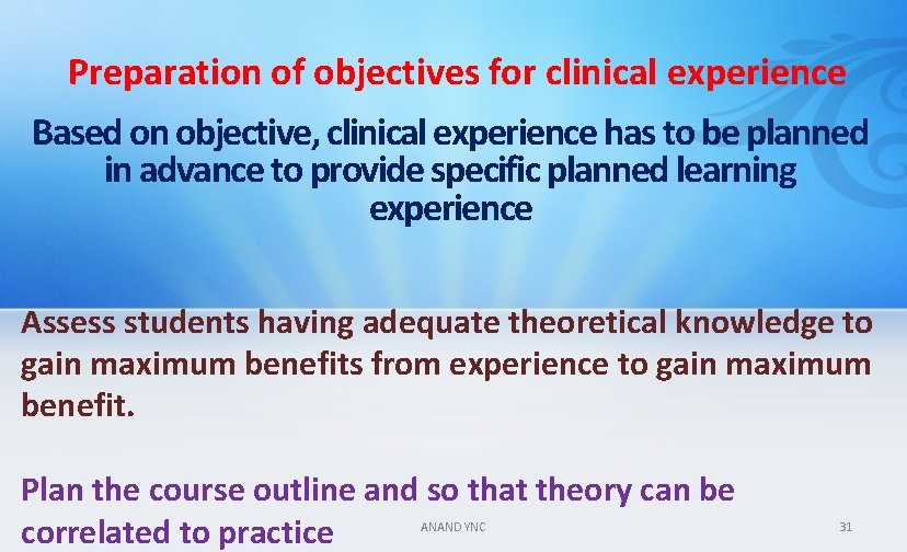 Preparation of objectives for clinical experience Based on objective, clinical experience has to be