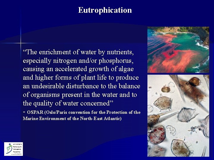 Eutrophication “The enrichment of water by nutrients, especially nitrogen and/or phosphorus, causing an accelerated