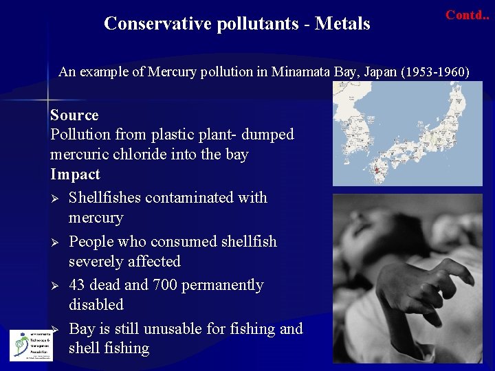 Conservative pollutants - Metals Contd. . An example of Mercury pollution in Minamata Bay,