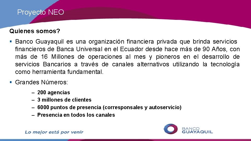 Proyecto NEO Quienes somos? § Banco Guayaquil es una organización financiera privada que brinda