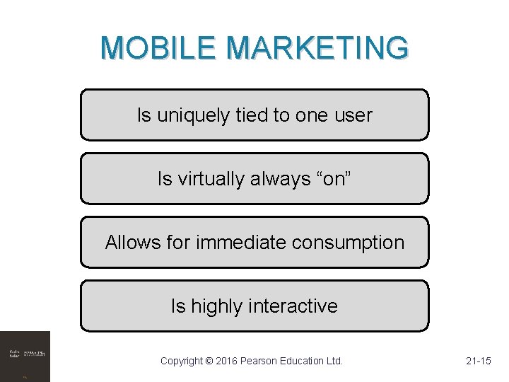 MOBILE MARKETING Is uniquely tied to one user Is virtually always “on” Allows for MOBILE MARKETING Is uniquely tied to one user Is virtually always “on” Allows for