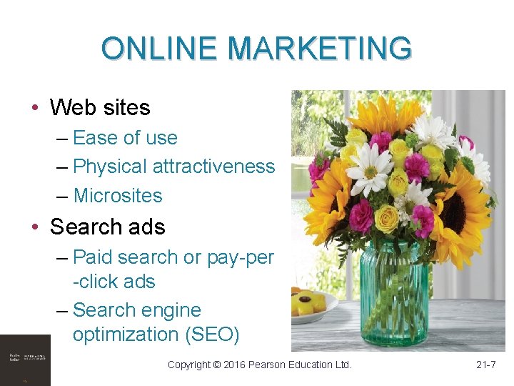 ONLINE MARKETING • Web sites – Ease of use – Physical attractiveness – Microsites ONLINE MARKETING • Web sites – Ease of use – Physical attractiveness – Microsites