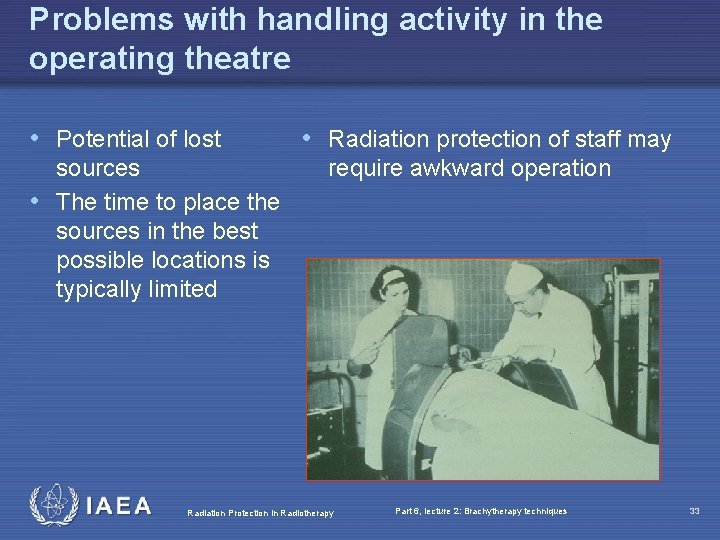 Problems with handling activity in the operating theatre • Potential of lost sources •