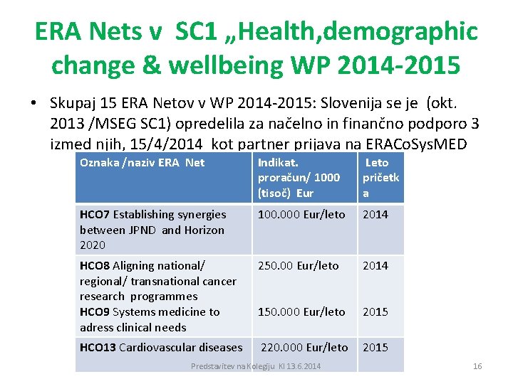 ERA Nets v SC 1 „Health, demographic change & wellbeing WP 2014 -2015 •