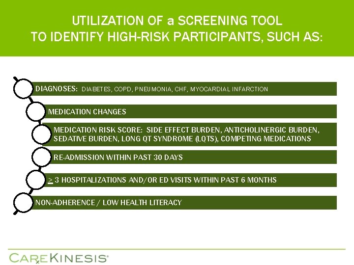 UTILIZATION OF a SCREENING TOOL TO IDENTIFY HIGH-RISK PARTICIPANTS, SUCH AS: DIAGNOSES: DIABETES, COPD,