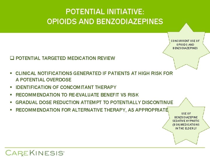 POTENTIAL INITIATIVE: OPIOIDS AND BENZODIAZEPINES CONCURRENT USE OF OPIOIDS AND BENZODIAZEPINES q POTENTIAL TARGETED