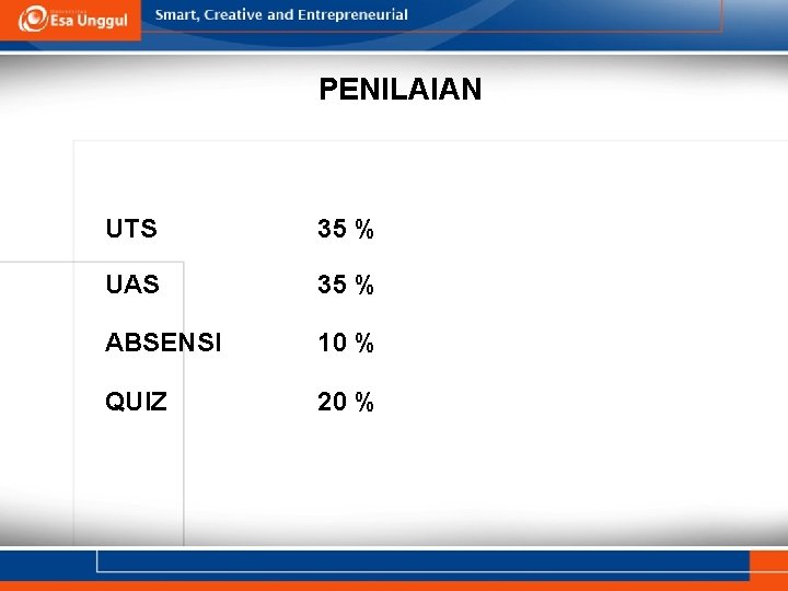 PENILAIAN UTS 35 % UAS 35 % ABSENSI 10 % QUIZ 20 % 