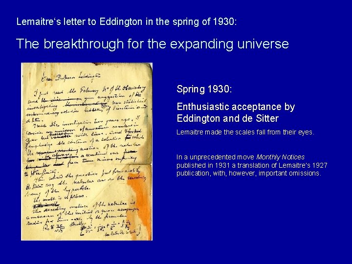 Lemaitre‘s letter to Eddington in the spring of 1930: The breakthrough for the expanding