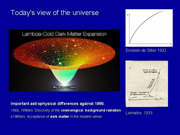 Today's view of the universe Einstein-de Sitter 1932 Important astrophysical differences against 1966. 1965,