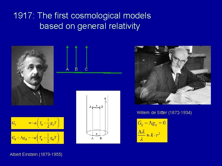 1917: The first cosmological models based on general relativity A B C Willem de