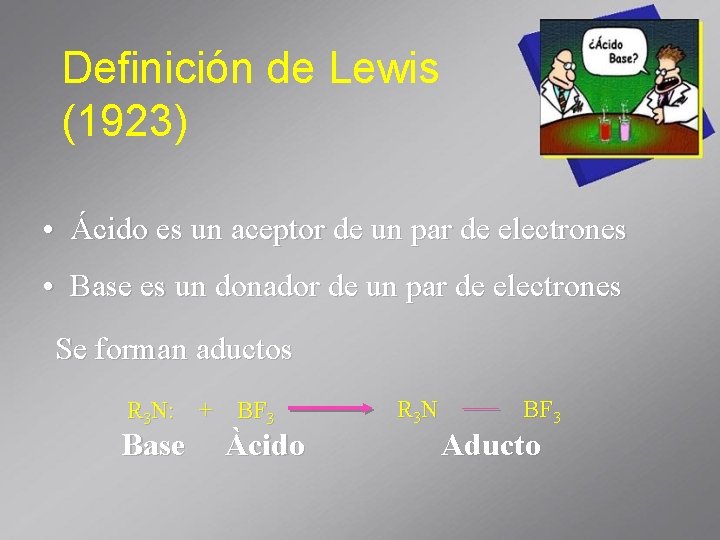 Definición de Lewis (1923) • Ácido es un aceptor de un par de electrones