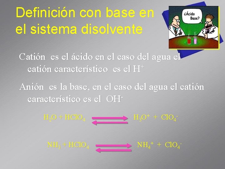 Definición con base en el sistema disolvente Catión es el ácido en el caso