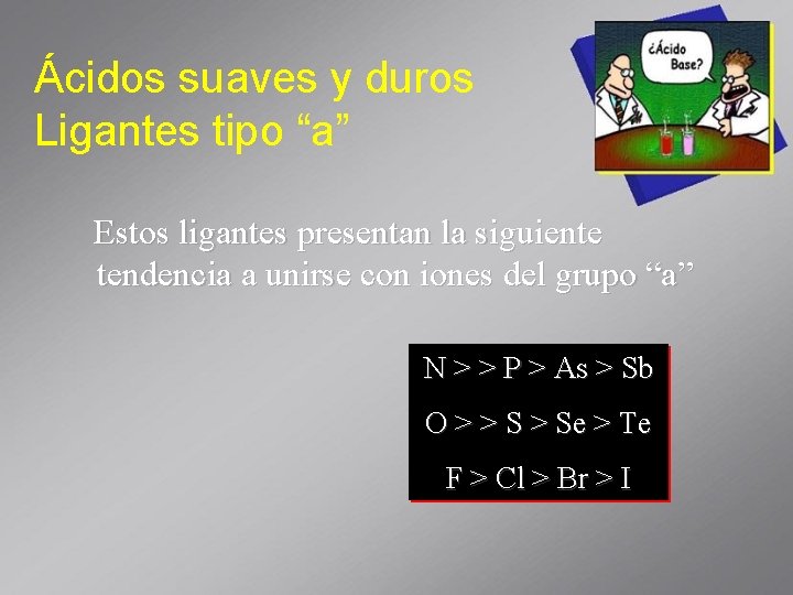 Ácidos suaves y duros Ligantes tipo “a” Estos ligantes presentan la siguiente tendencia a