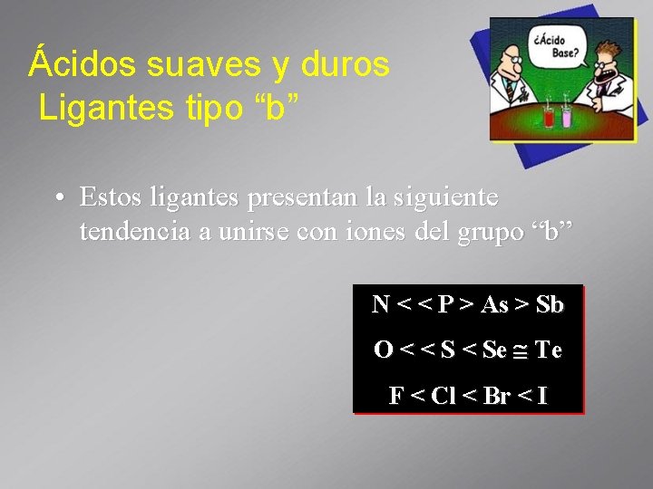 Ácidos suaves y duros Ligantes tipo “b” • Estos ligantes presentan la siguiente tendencia