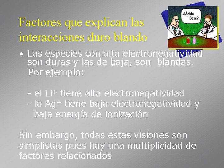 Factores que explican las interacciones duro blando • Las especies con alta electronegatividad son