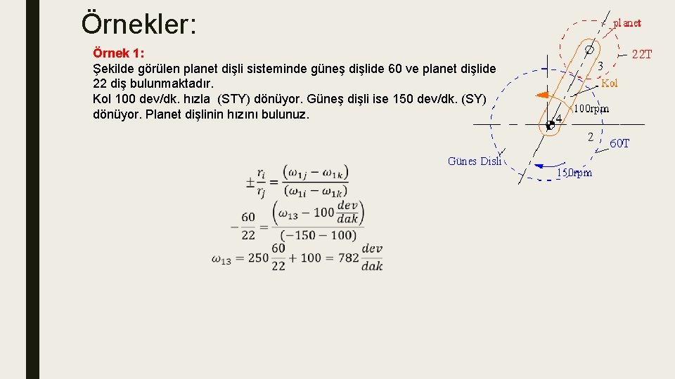 Örnekler: Örnek 1: Şekilde görülen planet dişli sisteminde güneş dişlide 60 ve planet dişlide