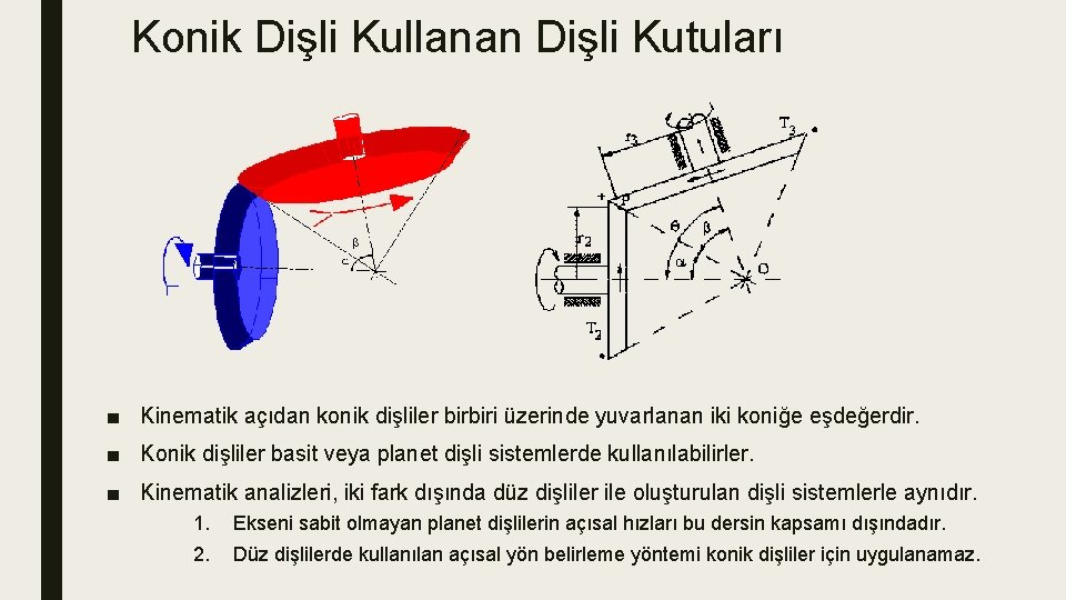 Konik Dişli Kullanan Dişli Kutuları ■ Kinematik açıdan konik dişliler birbiri üzerinde yuvarlanan iki