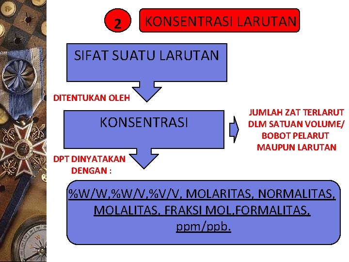 2 KONSENTRASI LARUTAN SIFAT SUATU LARUTAN DITENTUKAN OLEH KONSENTRASI DPT DINYATAKAN DENGAN : JUMLAH