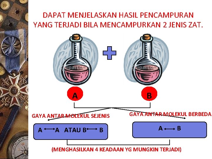 DAPAT MENJELASKAN HASIL PENCAMPURAN YANG TERJADI BILA MENCAMPURKAN 2 JENIS ZAT. A B GAYA