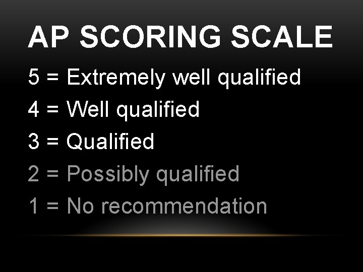 AP SCORING SCALE 5 = Extremely well qualified 4 = Well qualified 3 =