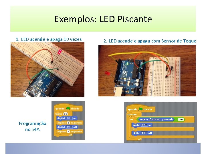 Exemplos: LED Piscante 1. LED acende e apaga 10 vezes Programação no S 4