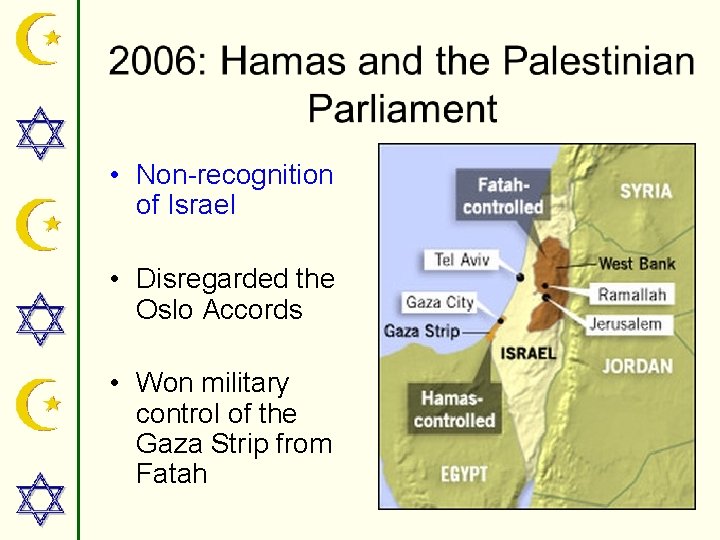  • Non-recognition of Israel • Disregarded the Oslo Accords • Won military control