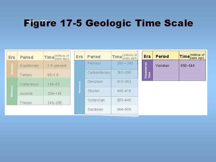 Section 17 -1 Figure 17 -5 Geologic Time Scale Era Period (millions of Time Section 17 -1 Figure 17 -5 Geologic Time Scale Era Period (millions of Time