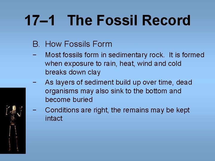 17– 1 The Fossil Record B. How Fossils Form − − − Most fossils 17– 1 The Fossil Record B. How Fossils Form − − − Most fossils