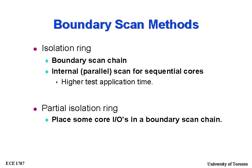 Boundary Scan Methods Isolation ring Boundary scan chain Internal (parallel) scan for sequential cores