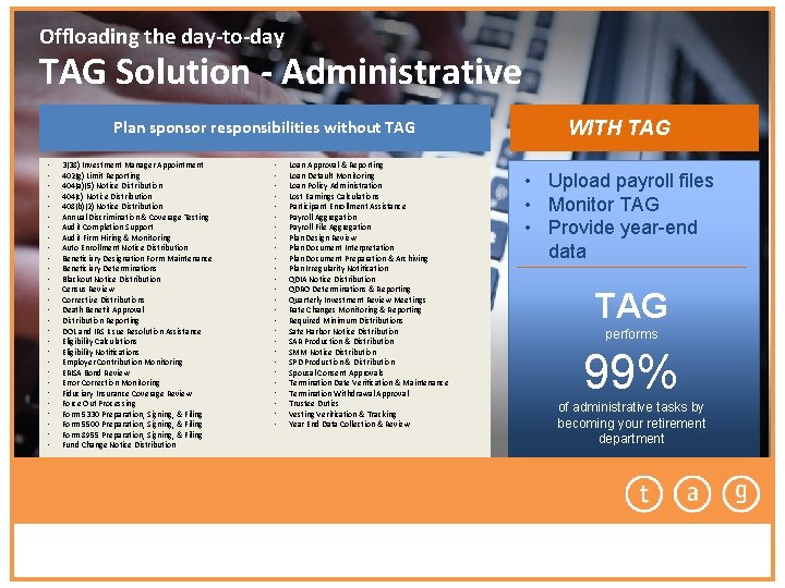 Offloading the day-to-day TAG Solution - Administrative Plan sponsor responsibilities without TAG • •