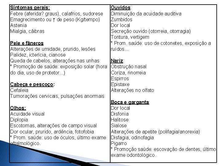 Sintomas gerais: Febre (aferida? graus), calafrios, sudorese Emagrecimento ou ↑ de peso (Kg/tempo) Astenia Sintomas gerais: Febre (aferida? graus), calafrios, sudorese Emagrecimento ou ↑ de peso (Kg/tempo) Astenia