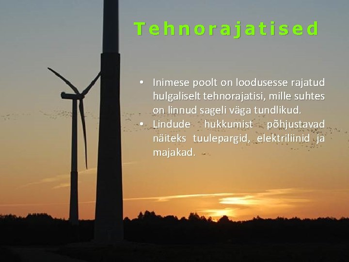 Tehnorajatised • Inimese poolt on loodusesse rajatud hulgaliselt tehnorajatisi, mille suhtes on linnud sageli